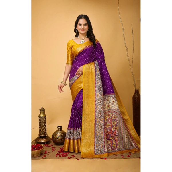 Generic Women's Soft Dola Cotton Kalamkari Printed Saree With Unstitched Blouse 5.5Mtr (Purple) - Purple