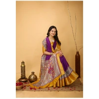 Generic Women's Soft Dola Cotton Kalamkari Printed Saree With Unstitched Blouse 5.5Mtr (Purple) - Purple