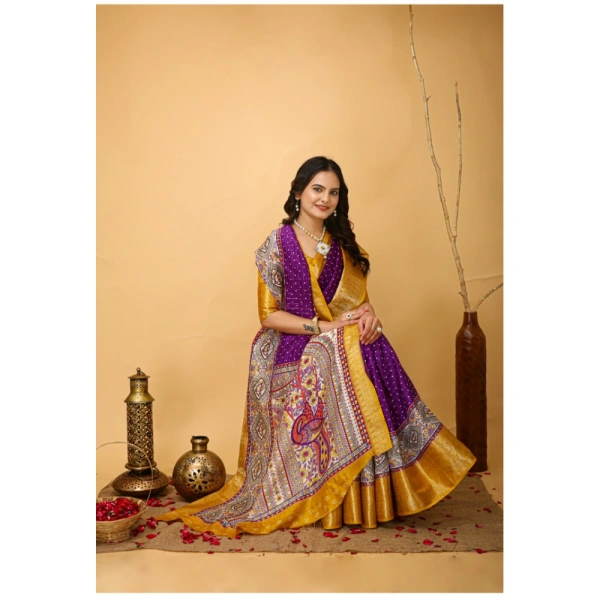 Generic Women's Soft Dola Cotton Kalamkari Printed Saree With Unstitched Blouse 5.5Mtr (Purple) - Purple