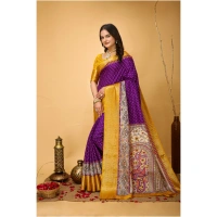 Generic Women's Soft Dola Cotton Kalamkari Printed Saree With Unstitched Blouse 5.5Mtr (Purple) - Purple