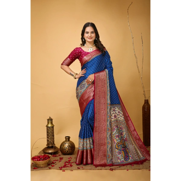 Generic Women's Soft Dola Cotton Kalamkari Printed Saree With Unstitched Blouse 5.5Mtr (Blue) - Blue