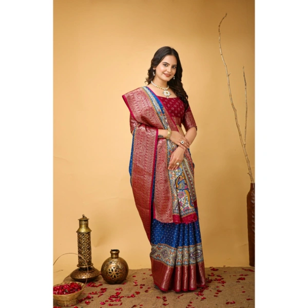Generic Women's Soft Dola Cotton Kalamkari Printed Saree With Unstitched Blouse 5.5Mtr (Blue) - Blue