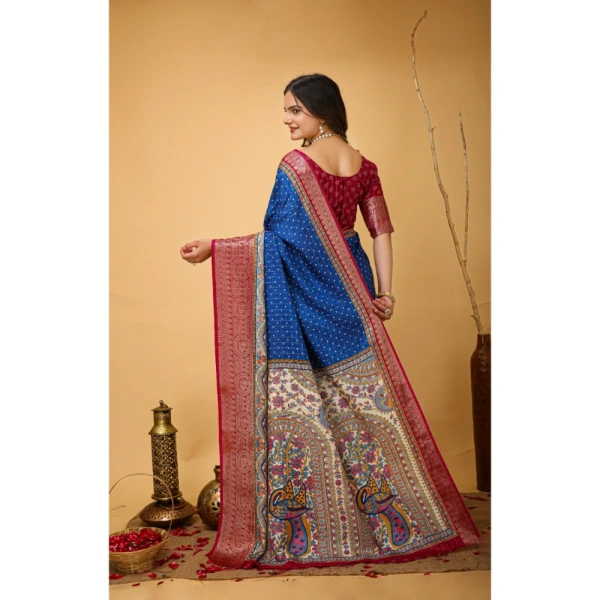 Generic Women's Soft Dola Cotton Kalamkari Printed Saree With Unstitched Blouse 5.5Mtr (Blue) - Blue