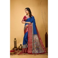 Generic Women's Soft Dola Cotton Kalamkari Printed Saree With Unstitched Blouse 5.5Mtr (Blue) - Blue
