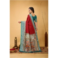Generic Women's Soft Dola Cotton Kalamkari Printed Saree With Unstitched Blouse 5.5Mtr (Red) - Red