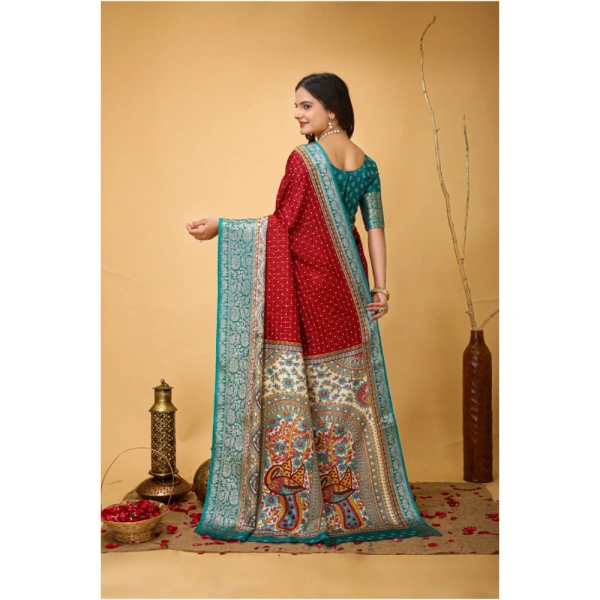Generic Women's Soft Dola Cotton Kalamkari Printed Saree With Unstitched Blouse 5.5Mtr (Red) - Red