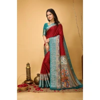 Generic Women's Soft Dola Cotton Kalamkari Printed Saree With Unstitched Blouse 5.5Mtr (Red) - Red