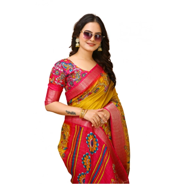 Generic Women's Soft Dola Cotton Kalamkari Printed Saree With Unstitched Blouse 5.5Mtr (Yellow) - Yellow