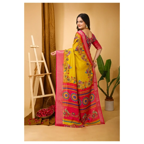 Generic Women's Soft Dola Cotton Kalamkari Printed Saree With Unstitched Blouse 5.5Mtr (Yellow) - Yellow