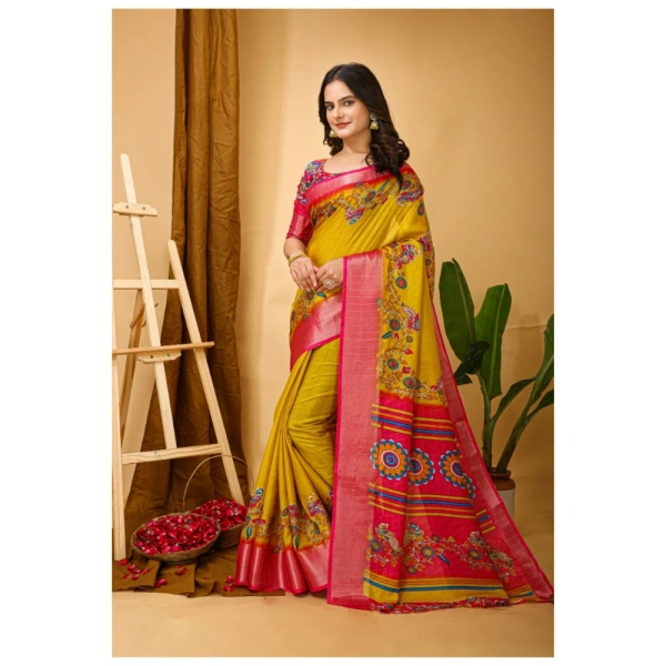 Generic Women's Soft Dola Cotton Kalamkari Printed Saree With Unstitched Blouse 5.5Mtr (Yellow) - Yellow