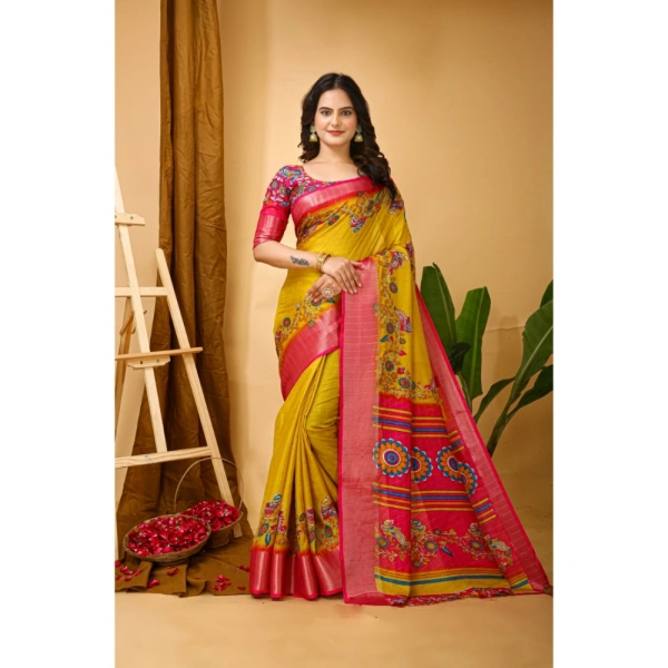 Generic Women's Soft Dola Cotton Kalamkari Printed Saree With Unstitched Blouse 5.5Mtr (Yellow) - Yellow
