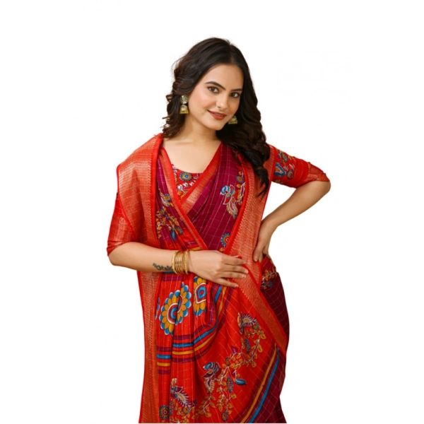 Generic Women's Soft Dola Cotton Kalamkari Printed Saree With Unstitched Blouse 5.5Mtr (Maroon) - Maroon