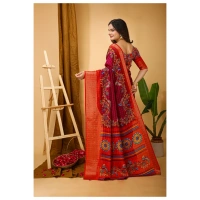 Generic Women's Soft Dola Cotton Kalamkari Printed Saree With Unstitched Blouse 5.5Mtr (Maroon) - Maroon
