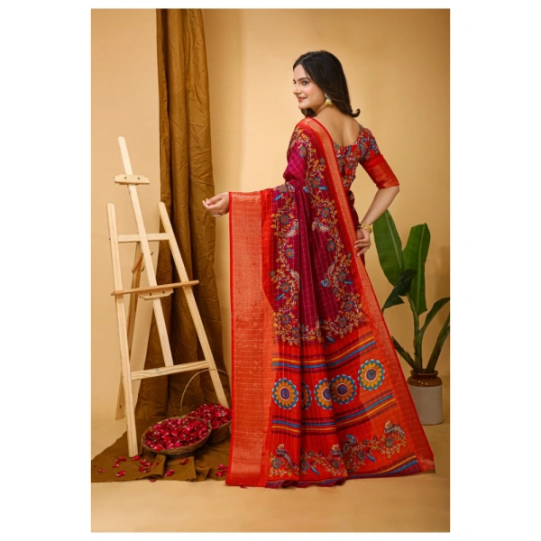 Generic Women's Soft Dola Cotton Kalamkari Printed Saree With Unstitched Blouse 5.5Mtr (Maroon) - Maroon
