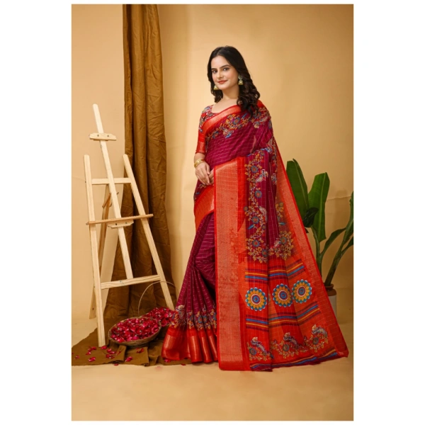 Generic Women's Soft Dola Cotton Kalamkari Printed Saree With Unstitched Blouse 5.5Mtr (Maroon) - Maroon