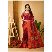 Generic Women's Soft Dola Cotton Kalamkari Printed Saree With Unstitched Blouse 5.5Mtr (Maroon) - Maroon