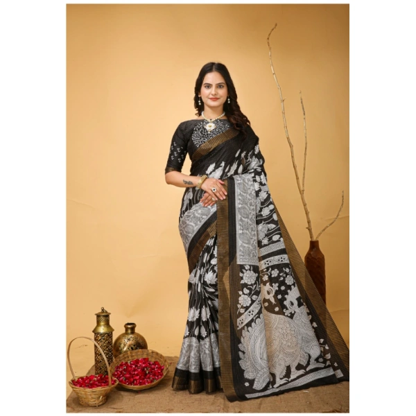 Generic Women's Soft Handloom Cotton Kalamkari Printed Saree With Unstitched Blouse 5.5Mtr (Black) - Black