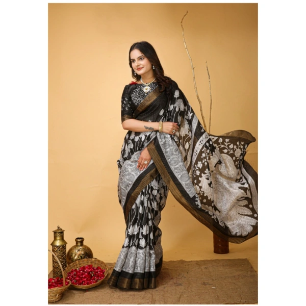Generic Women's Soft Handloom Cotton Kalamkari Printed Saree With Unstitched Blouse 5.5Mtr (Black) - Black