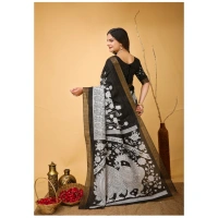 Generic Women's Soft Handloom Cotton Kalamkari Printed Saree With Unstitched Blouse 5.5Mtr (Black) - Black