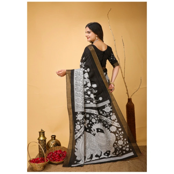 Generic Women's Soft Handloom Cotton Kalamkari Printed Saree With Unstitched Blouse 5.5Mtr (Black) - Black