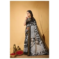 Generic Women's Soft Handloom Cotton Kalamkari Printed Saree With Unstitched Blouse 5.5Mtr (Black) - Black