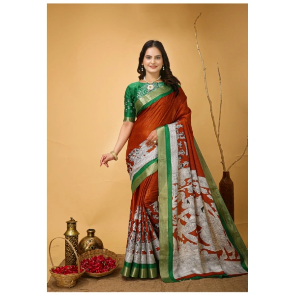 Generic Women's Soft Handloom Cotton Kalamkari Printed Saree With Unstitched Blouse 5.5Mtr (Orange) - Orange
