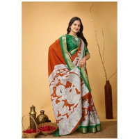Generic Women's Soft Handloom Cotton Kalamkari Printed Saree With Unstitched Blouse 5.5Mtr (Orange) - Orange