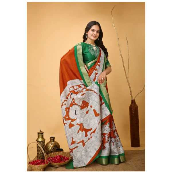 Generic Women's Soft Handloom Cotton Kalamkari Printed Saree With Unstitched Blouse 5.5Mtr (Orange) - Orange