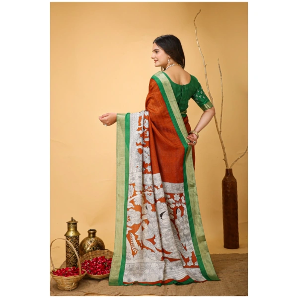 Generic Women's Soft Handloom Cotton Kalamkari Printed Saree With Unstitched Blouse 5.5Mtr (Orange) - Orange