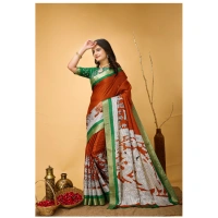 Generic Women's Soft Handloom Cotton Kalamkari Printed Saree With Unstitched Blouse 5.5Mtr (Orange) - Orange