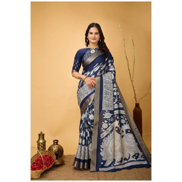 Generic Women's Soft Handloom Cotton Kalamkari Printed Saree With Unstitched Blouse 5.5Mtr (Blue) - Blue