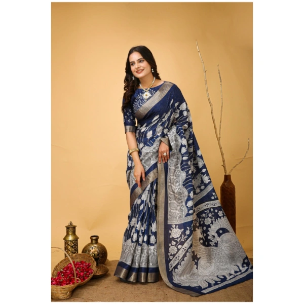 Generic Women's Soft Handloom Cotton Kalamkari Printed Saree With Unstitched Blouse 5.5Mtr (Blue) - Blue
