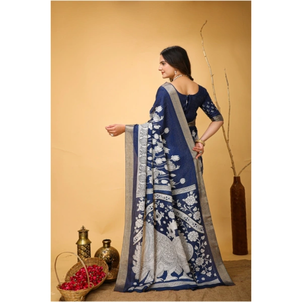 Generic Women's Soft Handloom Cotton Kalamkari Printed Saree With Unstitched Blouse 5.5Mtr (Blue) - Blue