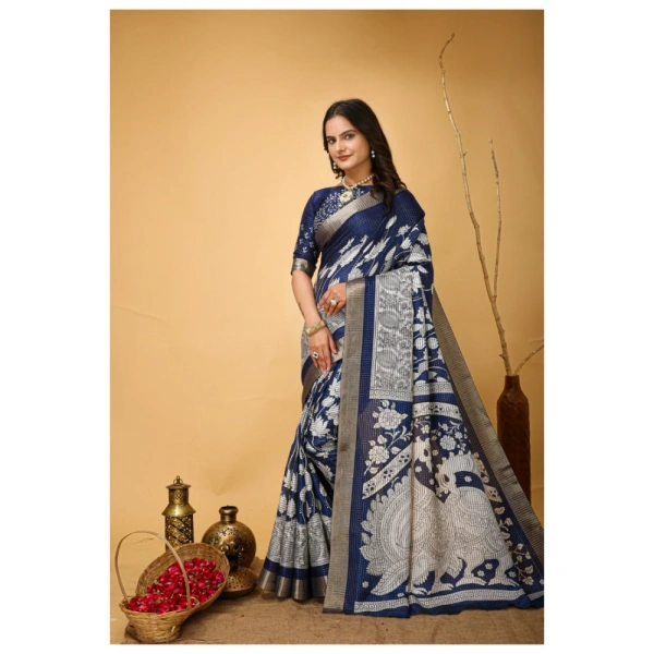 Generic Women's Soft Handloom Cotton Kalamkari Printed Saree With Unstitched Blouse 5.5Mtr (Blue) - Blue