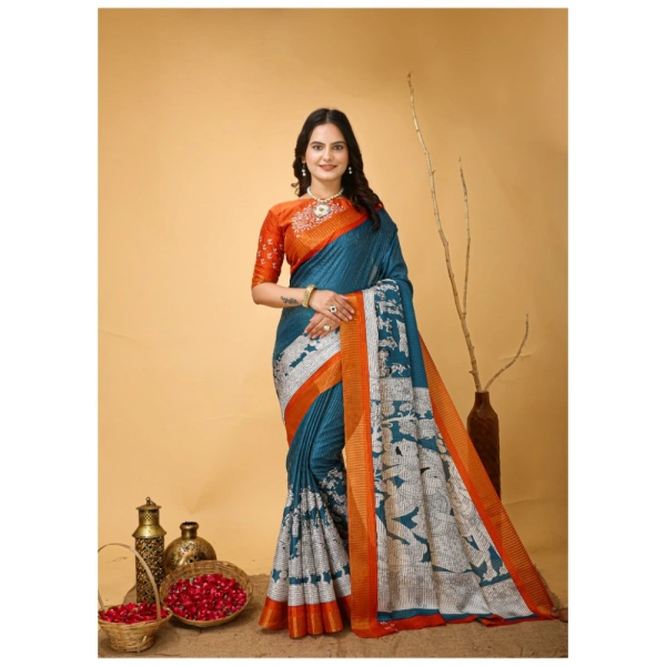 Generic Women's Soft Handloom Cotton Kalamkari Printed Saree With Unstitched Blouse 5.5Mtr (Teal Blue) - Teal Blue