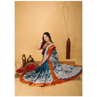 Generic Women's Soft Handloom Cotton Kalamkari Printed Saree With Unstitched Blouse 5.5Mtr (Teal Blue) - Teal Blue