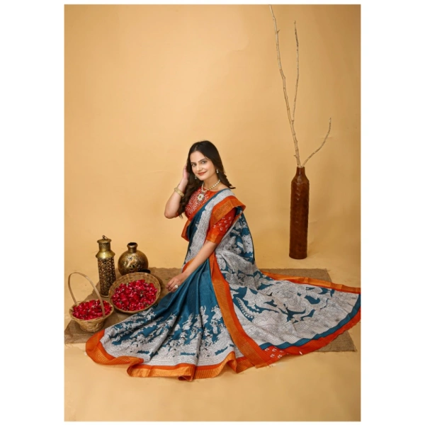 Generic Women's Soft Handloom Cotton Kalamkari Printed Saree With Unstitched Blouse 5.5Mtr (Teal Blue) - Teal Blue