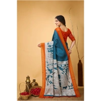 Generic Women's Soft Handloom Cotton Kalamkari Printed Saree With Unstitched Blouse 5.5Mtr (Teal Blue) - Teal Blue