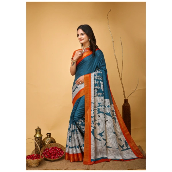 Generic Women's Soft Handloom Cotton Kalamkari Printed Saree With Unstitched Blouse 5.5Mtr (Teal Blue) - Teal Blue