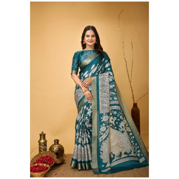 Generic Women's Soft Handloom Cotton Kalamkari Printed Saree With Unstitched Blouse 5.5Mtr (Turquoise) - Turquoise