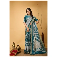 Generic Women's Soft Handloom Cotton Kalamkari Printed Saree With Unstitched Blouse 5.5Mtr (Turquoise) - Turquoise