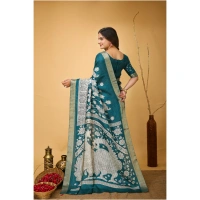 Generic Women's Soft Handloom Cotton Kalamkari Printed Saree With Unstitched Blouse 5.5Mtr (Turquoise) - Turquoise