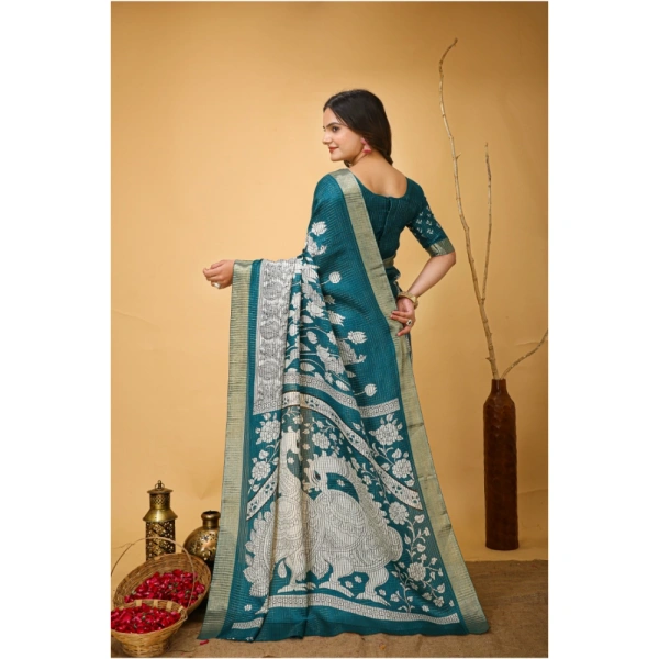 Generic Women's Soft Handloom Cotton Kalamkari Printed Saree With Unstitched Blouse 5.5Mtr (Turquoise) - Turquoise