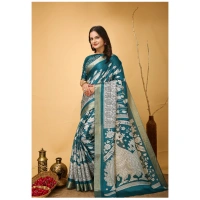 Generic Women's Soft Handloom Cotton Kalamkari Printed Saree With Unstitched Blouse 5.5Mtr (Turquoise) - Turquoise