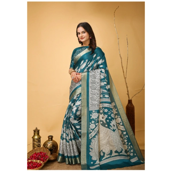 Generic Women's Soft Handloom Cotton Kalamkari Printed Saree With Unstitched Blouse 5.5Mtr (Turquoise) - Turquoise
