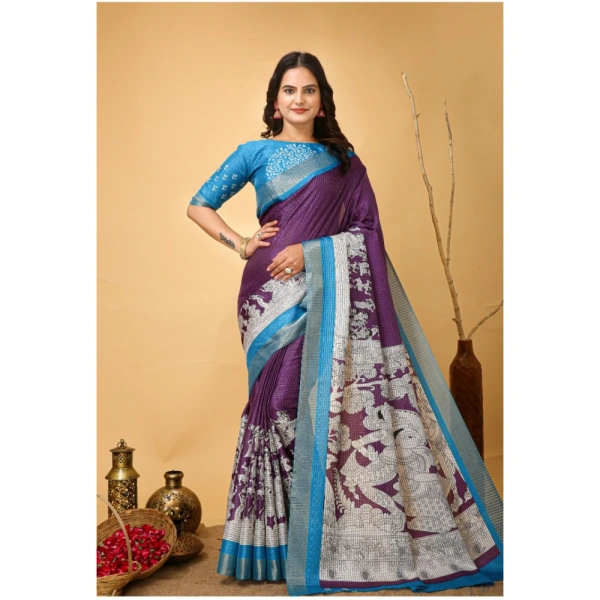 Generic Women's Soft Handloom Cotton Kalamkari Printed Saree With Unstitched Blouse 5.5Mtr (Purple) - Purple