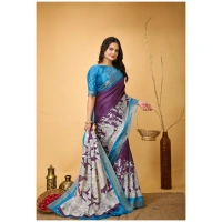 Generic Women's Soft Handloom Cotton Kalamkari Printed Saree With Unstitched Blouse 5.5Mtr (Purple) - Purple