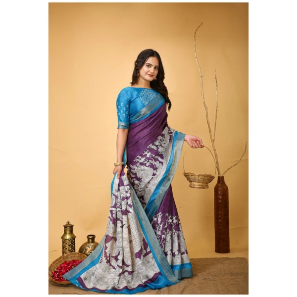 Generic Women's Soft Handloom Cotton Kalamkari Printed Saree With Unstitched Blouse 5.5Mtr (Purple) - Purple