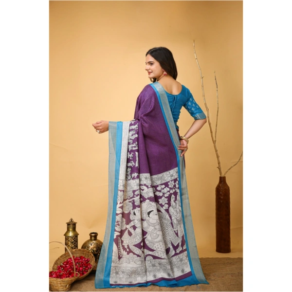 Generic Women's Soft Handloom Cotton Kalamkari Printed Saree With Unstitched Blouse 5.5Mtr (Purple) - Purple