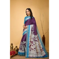 Generic Women's Soft Handloom Cotton Kalamkari Printed Saree With Unstitched Blouse 5.5Mtr (Purple) - Purple